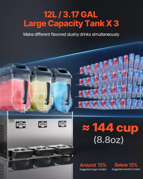 VEVOR Commercial Slushy Machine, 12Lx3 Triple Tank Frozen Drink Machine, 144 Cups Stainless Steel Margarita Smoothie Frozen Drink Maker, Slushie Maker for Home Party Restaurants Cafe Bars-1