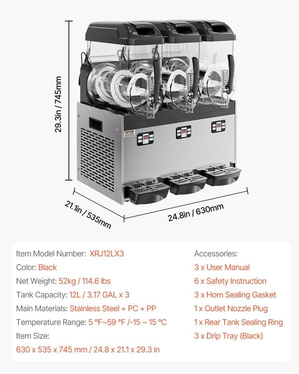 VEVOR Commercial Slushy Machine, 12Lx3 Triple Tank Frozen Drink Machine, 144 Cups Stainless Steel Margarita Smoothie Frozen Drink Maker, Slushie Maker for Home Party Restaurants Cafe Bars-6